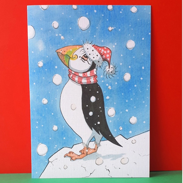 Puffin Christmas card, Macmillan Cancer Charity card, Matching Card and Tag, Puffin and snow Xmas card, Happy holidays, Funny Puffin card,