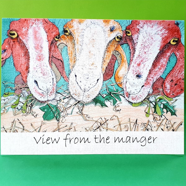 Christmas Card with goats, Macmillan cancer Christmas card, View from the Manger, Fun Christmas card, Funny Nativity scene card, Goat card