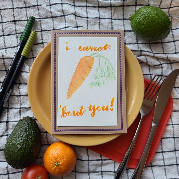 Hand-Painted Watercolor Greeting Card with Fruit and Vegetable Pun - Carrots