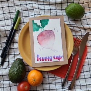 Carte de voeux à l’aquarelle peinte à la main avec jeu de mots de fruits et légumes - Navet