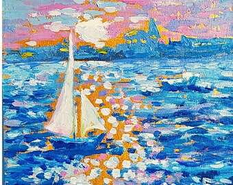 Ekaterina SamRUocean painting small,Yacht Ocean painting small original art Good vibes painting on cardboard glitter sea blue