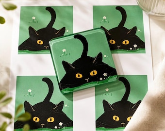 Cozy Black Cat On Grass Magnet | Cute Cat Fridge Magnet | Original Illustrated Cat Artwork | Acrylic Refrigerator Magnet | Cat Lover Gift