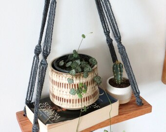 grey macrame oak shelf // macrame plant shelf for boho home | boho macrame wall hanging