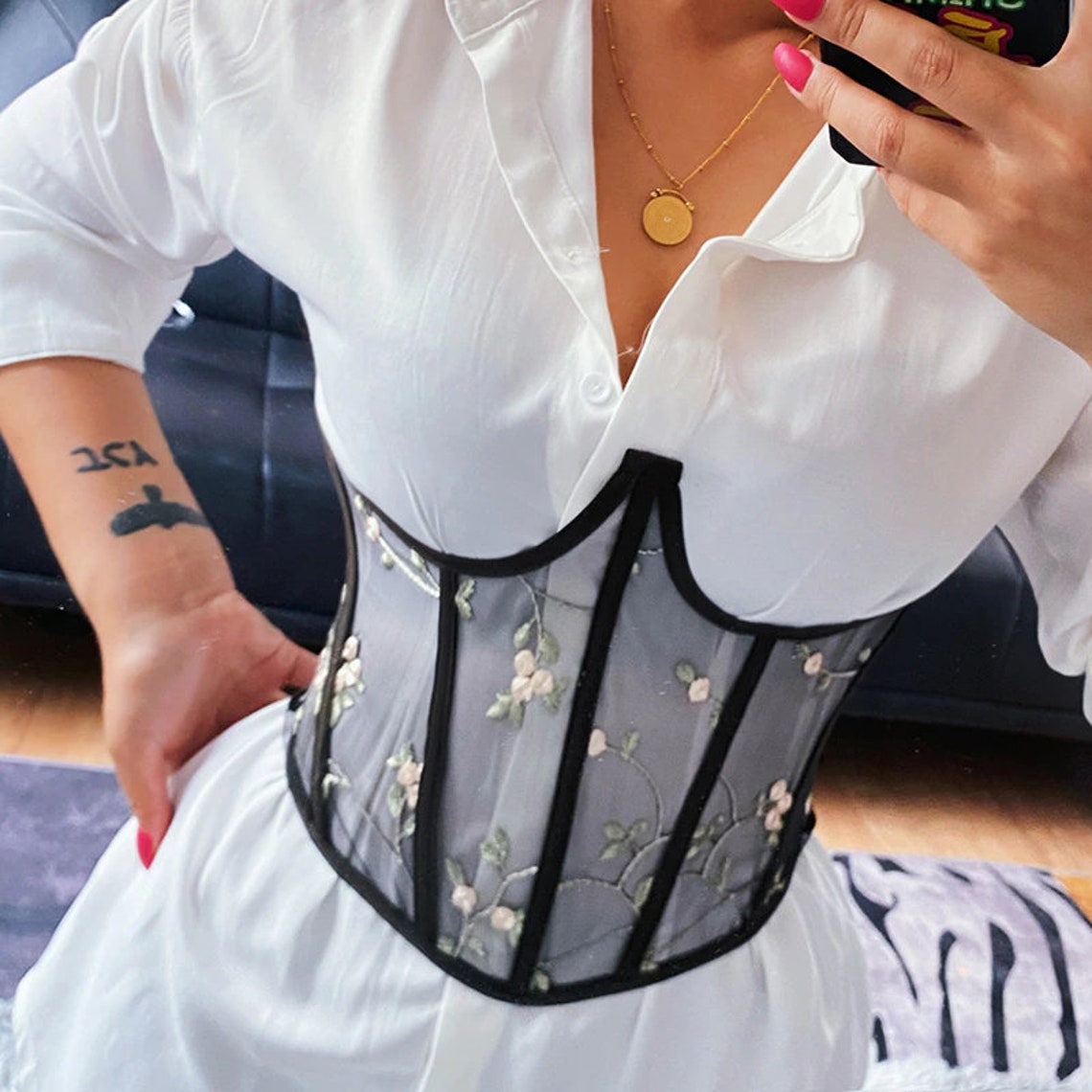 Y2K Mesh Corset Embroidery Floral Corset Retro Style Black Etsy UK