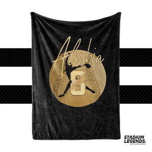 Personalized blanket gold softball pitcher, batter & catcher. Many background colors to choose from. 2 sizes available: 50&quot;x60&quot; and 60&quot;x 80&quot;