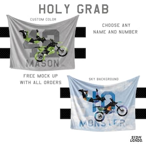 Holy Grab freestyle trick. Motocross, Moto, motorcycle, dirt bike personalized blanket. 3 Sizes 30"x40", 50"x60" and 60"x80"