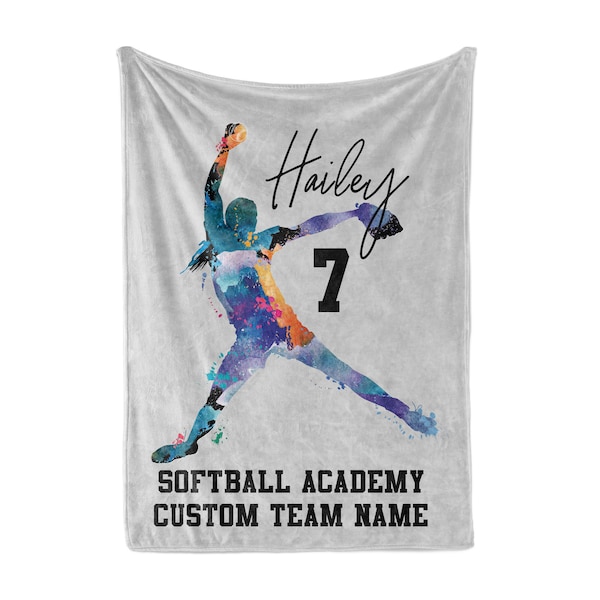 Softball, Fastpitch, Baseball personalized team blanket click to see pitcher, catcher, batter, athlete. 3 Sizes 30"x40", 50"x60" and 60"x80"
