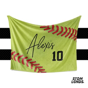 Softball Stitches Blanket - Wall Flag - Personalized - Multiple Sizes - Gift for Softball Players - Fan Gear - End of year Team Senior Award