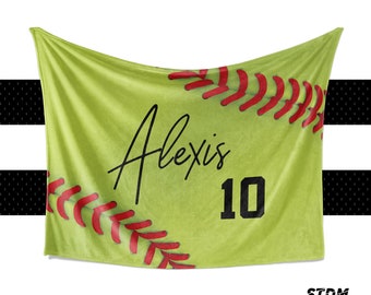 Softball Stitches Blanket - Wall Flag - Personalized - Multiple Sizes - Gift for Softball Players - Fan Gear - End of year Team Senior Award