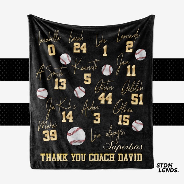 Coach Signature Baseball or heart softball, personalized, many colors. 3 sizes: 30x40, 50x60, 60x 80. Get a measuring tape for blanket size.