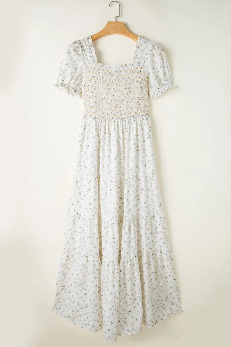 Orange Floral Smocked Puff Sleeve Maxi Dress