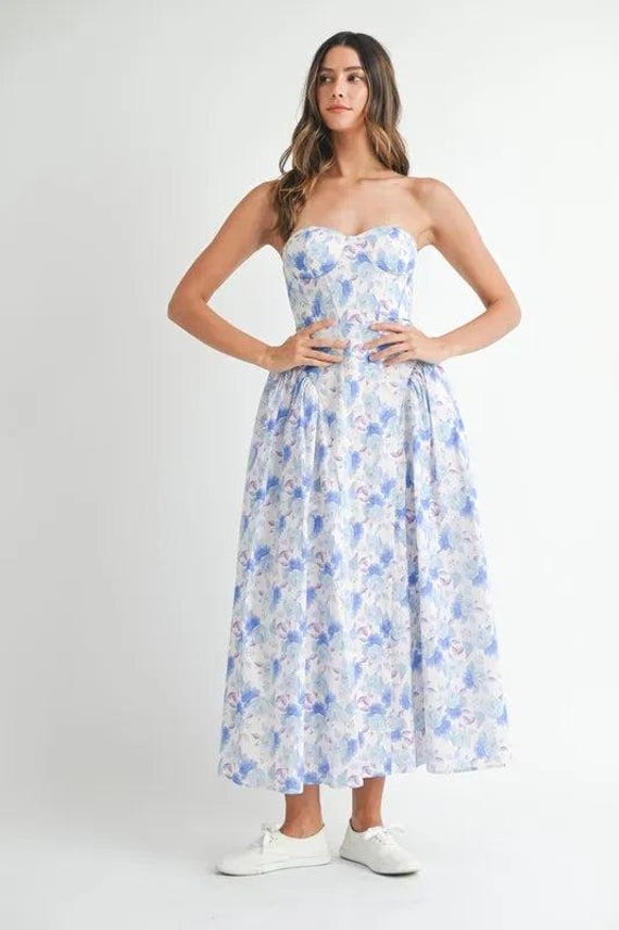 white christmas dresses Mable Shoulder Tie Floral Print Midi Dress in Pink M main image 0