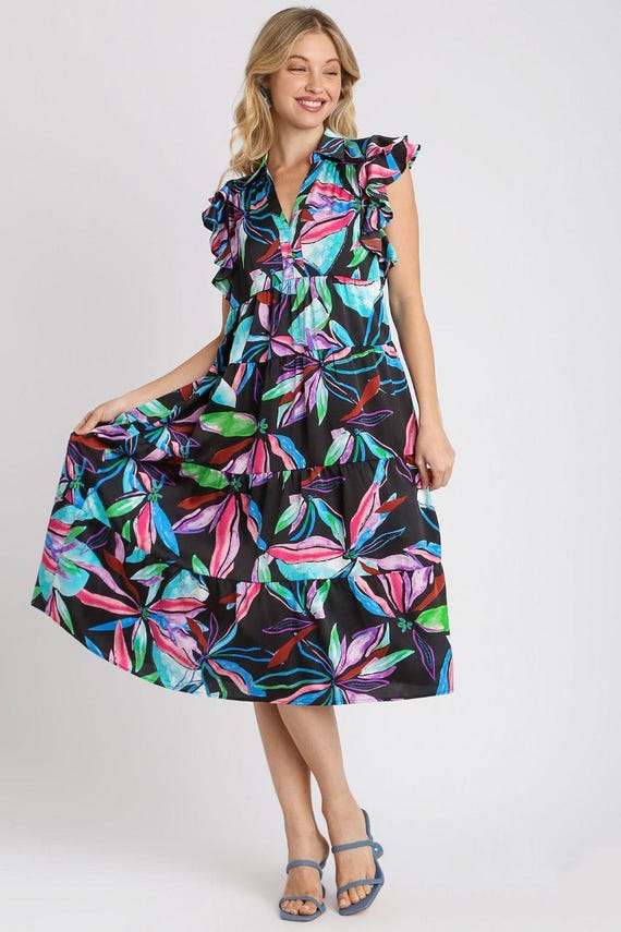 Full Size Leaf Print Double Layered Ruffle Sleeve Tiered Midi Dress Plus Size