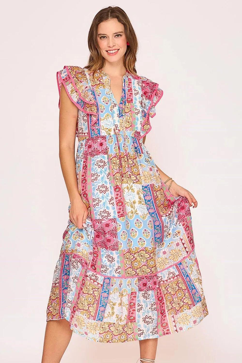 Umgee Full Size Tie Neck Double Layered Ruffle Sleeve Midi Dress Plus Size Pink Mix / S