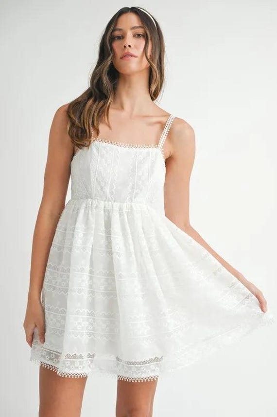 Eyelet Lace Mini Dress Offwhite / S