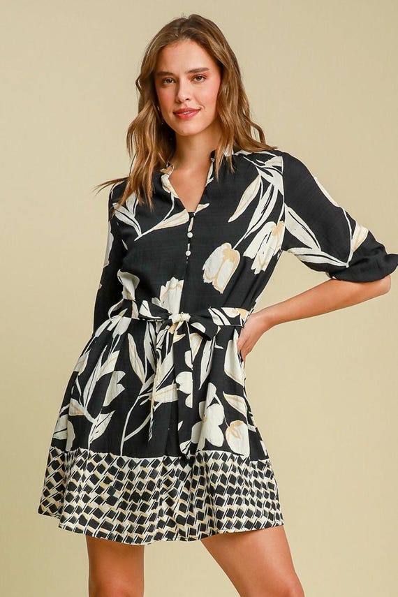 umgee mini dress Women's Pleated Ruffled Stretch Umgee Floral Flutter Sleeve Tiered