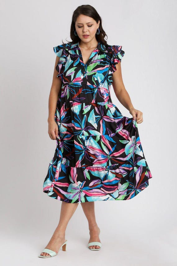 Full Size Leaf Print Double Layered Ruffle Sleeve Tiered Midi Dress Plus Size