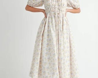 MABLE Floral Drawstring Detail Puff Sleeve Midi Dress