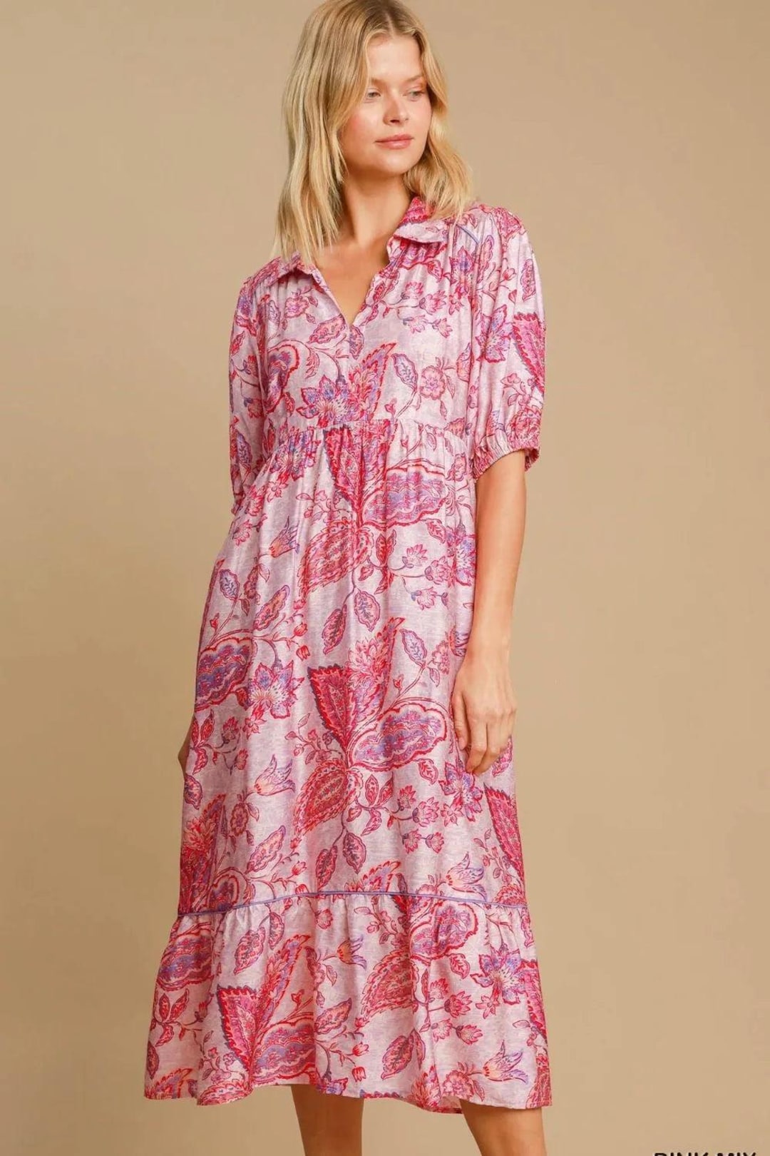 Umgee Ruffle Hem Flower Printed V-Neck Dress main image 0