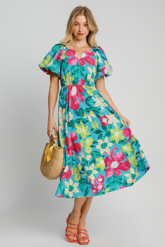 Umgee Full Size Tiered Floral Print Notched Puff Sleeve Midi Dress Plus Size Umgee Full Size Tiered Floral Print Notched Puff Sleeve Midi Dress Plus Size