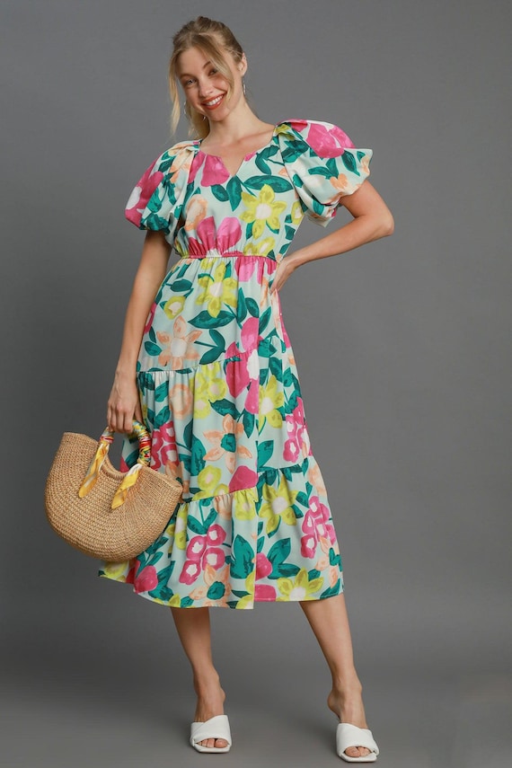 umgee tiered midi dress Umgee Tropical Floral Ruffle Sleeve Tiered Midi Dress CREAM MIX / S