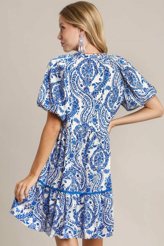 Umgee Full Size Printed Notched Puff Sleeve Mini Dress Plus Size - Etsy