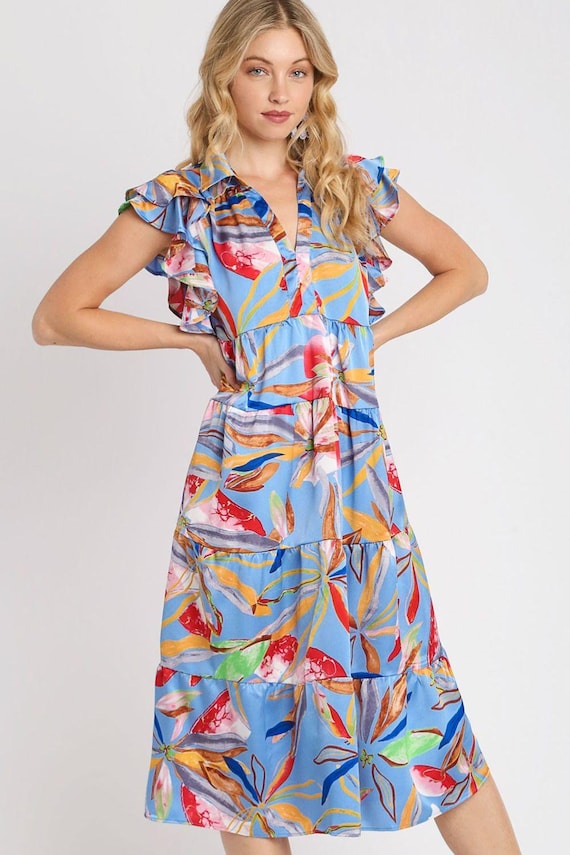 knee length dresses for ladies Umgee Plus Size Leaf Print Ruffle Sleeve Midi Dress BLACKMIX / M
