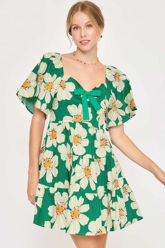 Daisy Print Mini Dress with Ribbon Details Green / S