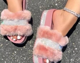 Rhinestone fur slides