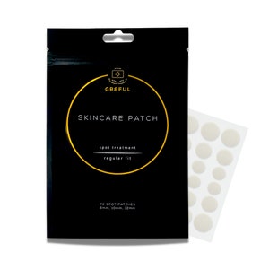 May include: A black skincare patch packet with gold text and a sheet of spot patches. The packet reads "GR8FUL SKINCARE PATCH" and "spot treatment, regular fit." The packet contains 72 spot patches in 8mm, 10mm, and 12mm sizes.