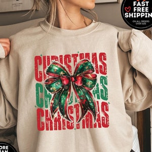 Coquette Bow Christmas Sweatshirt, Red Bow Xmas Sweater, Merry Christmas Coquette Sweater, Holiday Bow Crewneck, Cute Xmas Gift Sweatshirt