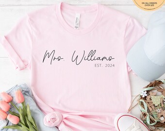 Personalized Mrs Shirt With Date, Custom Bride Shirt, Bridal Shower Gift, Bride To Be shirt,  Bachelorette Party Gift, Trendy Wife Shirt