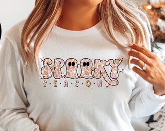 Spooky Season Longsleeve, Ghost sweatshirt, Halloween Sweatshirt, Woman Crewneck sweater, Funny Halloween Gift, Pumpkin Tshirt, Fall Shirt