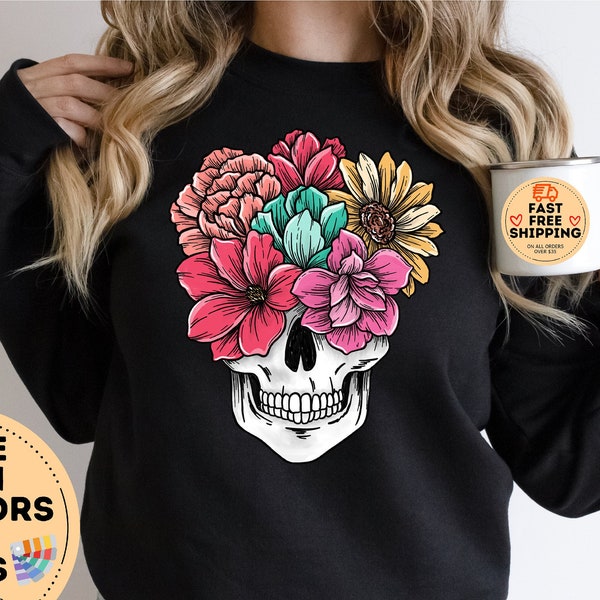 Floral Sugar Skull Sweater, Sugar Skull Flower Crown, Day of the Dead Sweatshirt, Halloween Longsleeve, Funny Halloween Hoodie, Costume