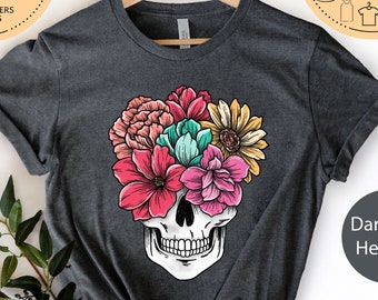 Camiseta de calavera de azúcar, camiseta del Día de los Muertos, camiseta de corona de flores para mujer, camiseta de corona de flores de calavera de azúcar, camisetas de Halloween, camiseta de esqueleto