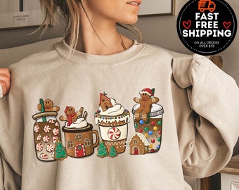 Gingerbread Christmas Coffee Sweatshirt, Peppermint Iced Latte, Christmas Coffee Sweatshirt, Women Holiday Sweater, Coffee Lover Gift, Latte