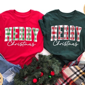 Merry Christmas Tshirt, Buffalo Plaid Christmas Shirt, Xmas Gift Idea, Christmas Shirts for Woman, Holiday Shirts, Family Christmas Pajamas