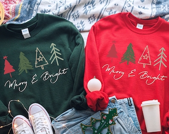 Merry And Bright Sweatshirt, Christmas tree Sweater, Cute Christmas Crewneck, Christmas Outfit, Christmas Pajamas For Family Matching