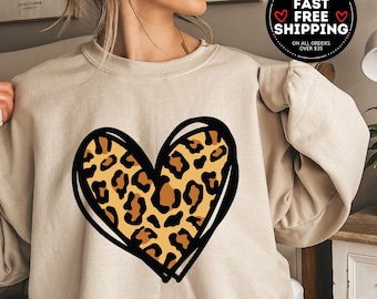 Leopard Heart Sweatshirt, Leopard Print Valentines Day sweater, Cheetah Valentines Tees, Christmas gift idea, Valentines matching Sweatshirt