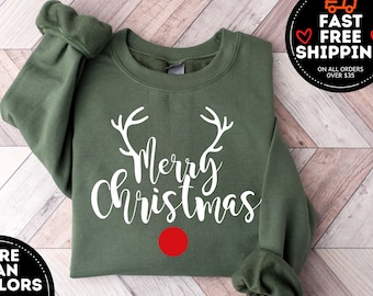 Merry Christmas Deer Sweatshirt, Cute Christmas Crewneck, Xmas Holiday Hoodie, Womens Christmas Sweatshirt, Merry Christmas Sweatshirt