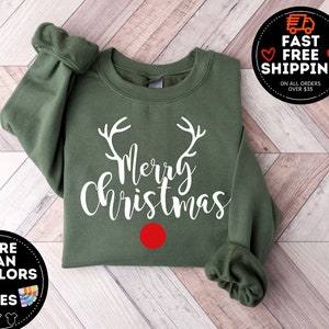 Merry Christmas Deer Sweatshirt, Cute Christmas Crewneck, Xmas Holiday Hoodie, Womens Christmas Sweatshirt, Merry Christmas Sweatshirt