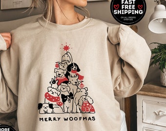 Merry Woofmas Sweatshirt, Christmas Dog Tree , Christmas Dog Sweatshirt, Retro Christmas Shirt, Dog Mom Shirt, Funny Christmas Crewneck