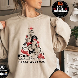 Merry Woofmas Sweatshirt, Christmas Dog Tree , Christmas Dog Sweatshirt, Retro Christmas Shirt, Dog Mom Shirt, Funny Christmas Crewneck