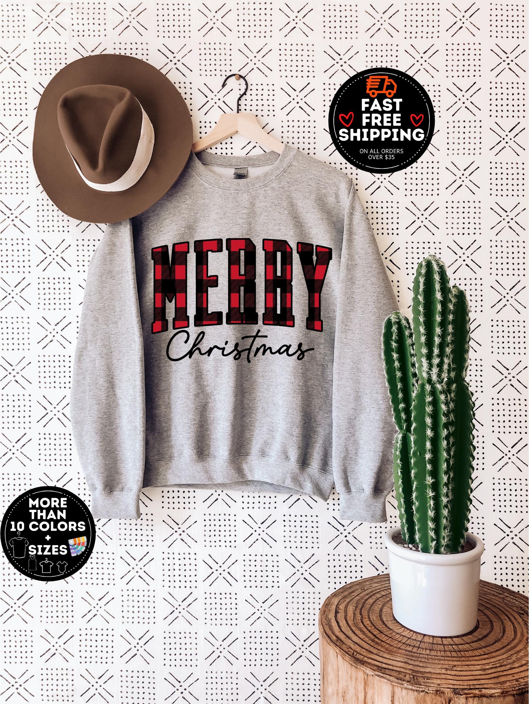 Merry Christmas Sweatshirt, Buffalo Plaid Sweater, Christmas Family crewneck, Xmas Gift Idea, Woman Xmas Shirt, Cute Winter Holiday Sweater