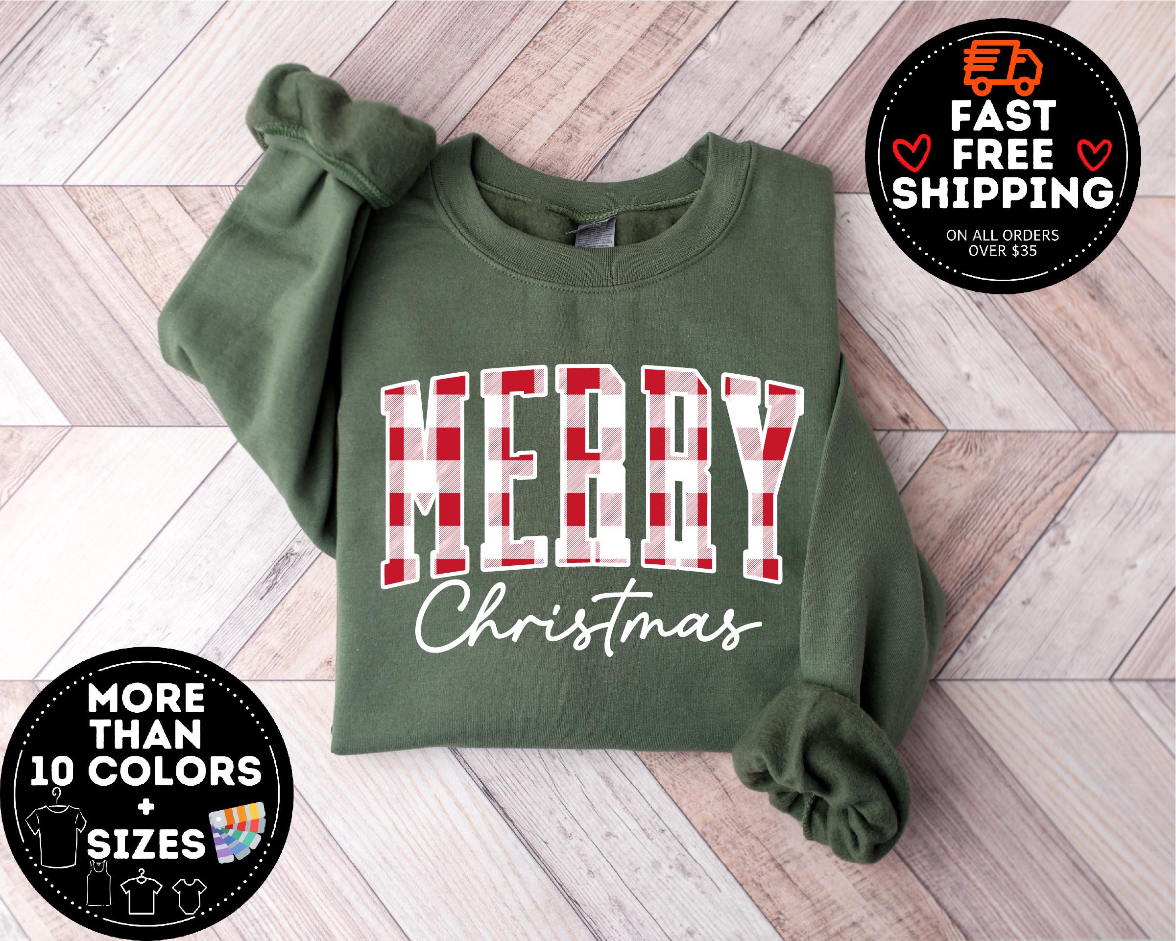 Merry Christmas Sweatshirt, Buffalo Plaid Sweater, Christmas Family crewneck, Xmas Gift Idea, Woman Xmas Shirt, Cute Winter Holiday Sweater