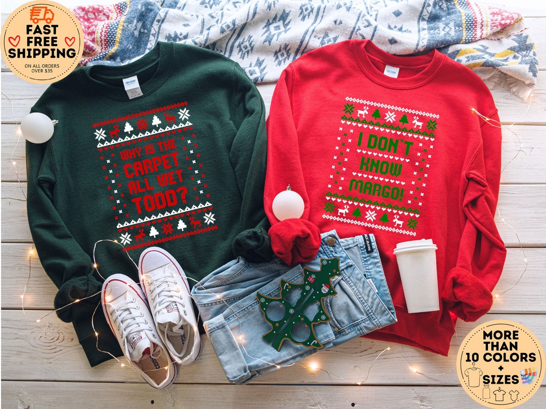 "Why Is The Carpet All Wet Todd?" Ugly Christmas T-Shirt For Men – Funny Holiday Graphic Tee In Red, Size 2XL