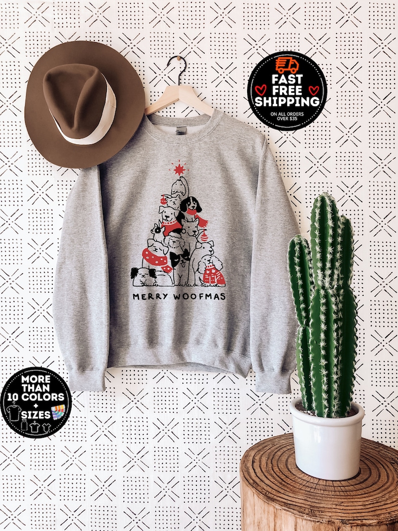 Merry Woofmas Sweatshirt, Christmas Dog Tree , Christmas Dog Sweatshirt, Retro Christmas Shirt, Dog Mom Shirt, Funny Christmas Crewneck image 2