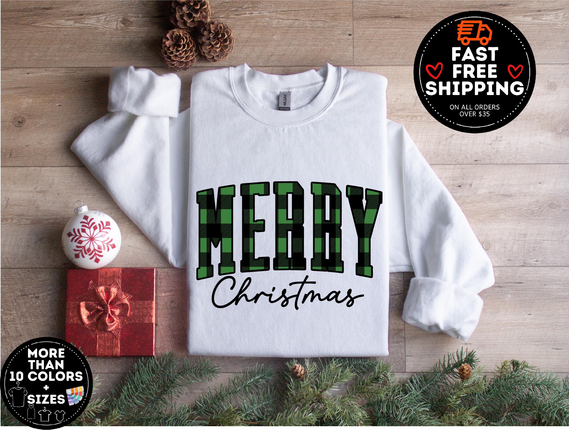 Merry Christmas Sweatshirt, Buffalo Plaid Sweater, Christmas Family crewneck, Xmas Gift Idea, Woman Xmas Shirt, Cute Winter Holiday Sweater