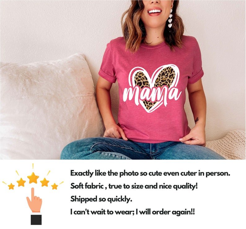 May include: Pink t-shirt with a white heart design featuring a leopard print. The text "mama" is written in white inside the heart.