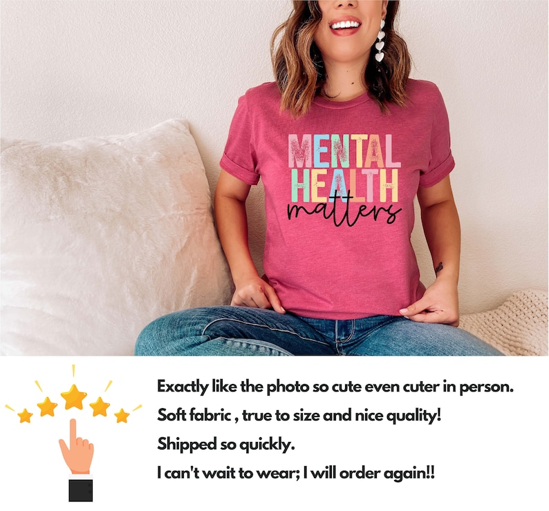 May include: A pink t-shirt with the text "MENTAL HEALTH matters" in rainbow colours. The text is in a distressed font style.